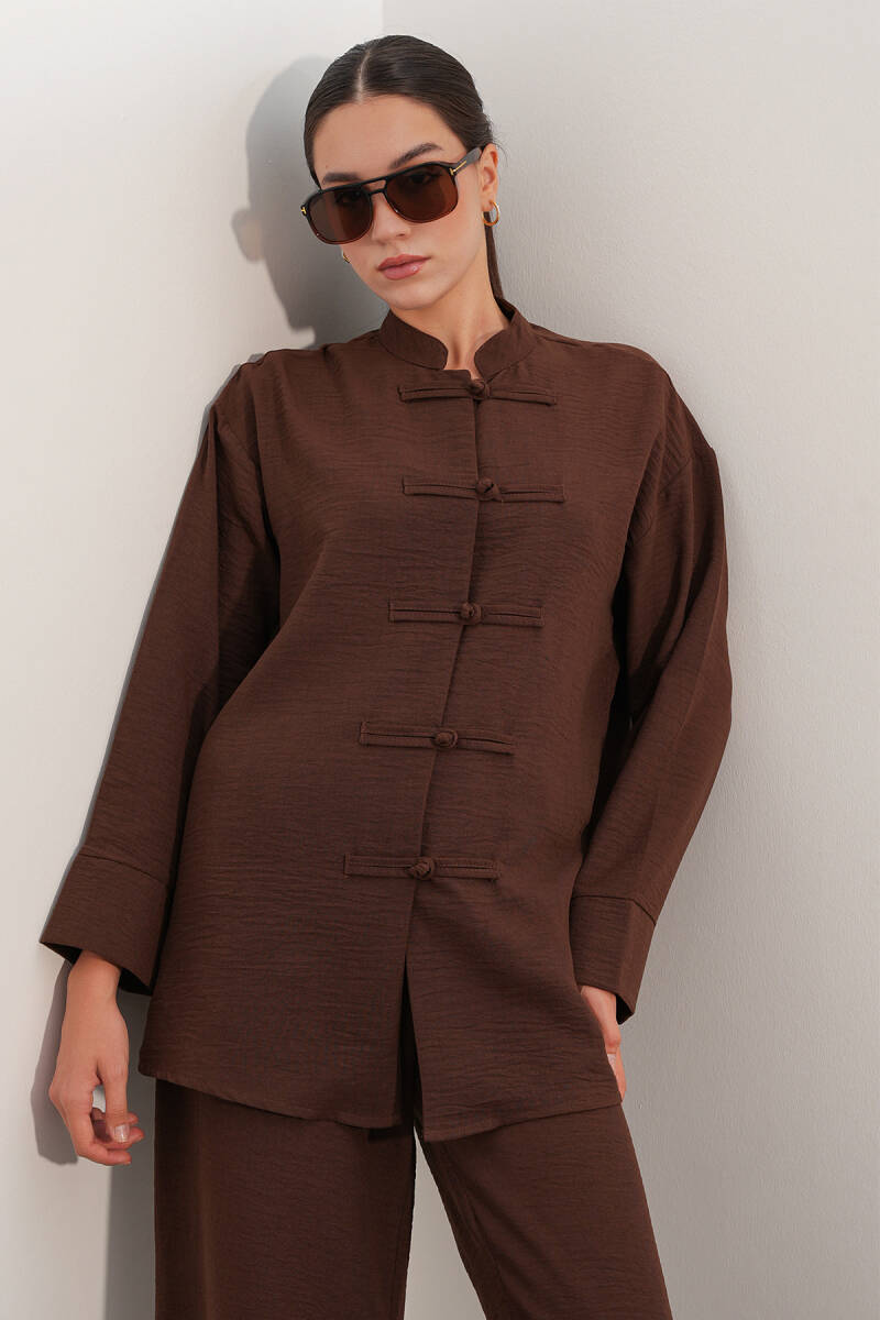 Kadın Oversize Gömlek Pantolon Keten İkili Takım 30126 - Kahverengi (1)