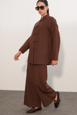 Kadın Oversize Gömlek Pantolon Keten İkili Takım 30126 - Kahverengi - 4