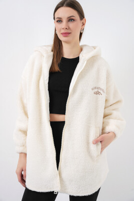 Kadın Oversize Kapüşonlu Peluş Kaban 5207 - Ekru - 1