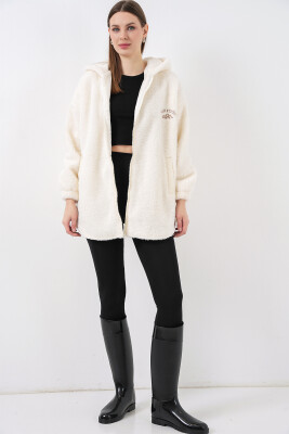 Kadın Oversize Kapüşonlu Peluş Kaban 5207 - Ekru - 2