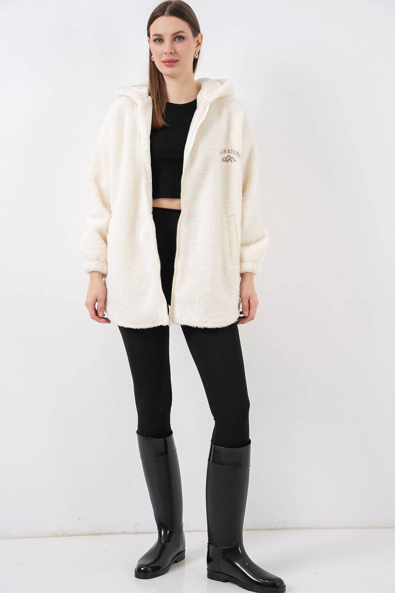 Kadın Oversize Kapüşonlu Peluş Kaban 5207 - Ekru (1)