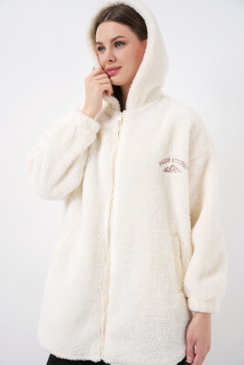 Kadın Oversize Kapüşonlu Peluş Kaban 5207 - Ekru - 3