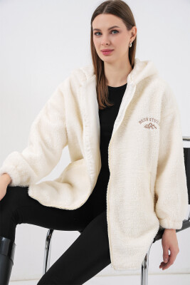 Kadın Oversize Kapüşonlu Peluş Kaban 5207 - Ekru - 4