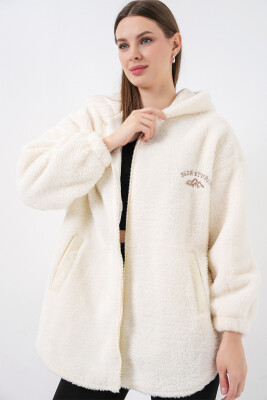 Kadın Oversize Kapüşonlu Peluş Kaban 5207 - Ekru - 5