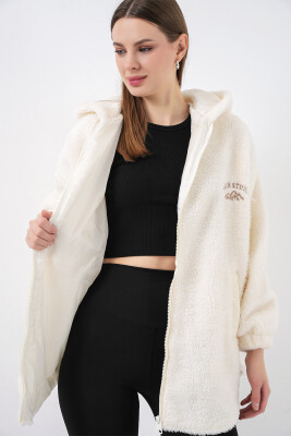 Kadın Oversize Kapüşonlu Peluş Kaban 5207 - Ekru - 6