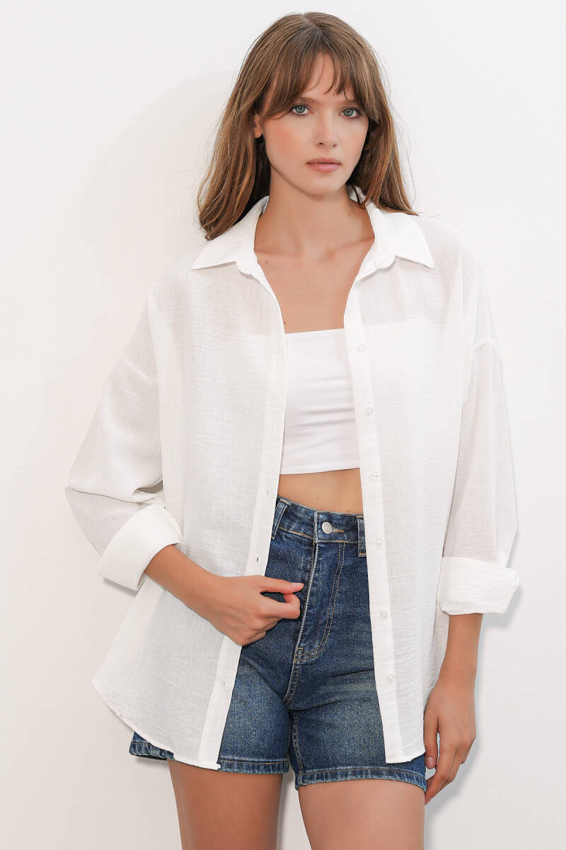 Kadın Oversize Keten Gömlek 20338 - B.Beyaz - BİGDART