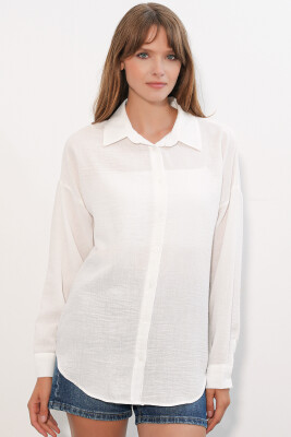 Kadın Oversize Keten Gömlek 20338 - B.Beyaz - 3