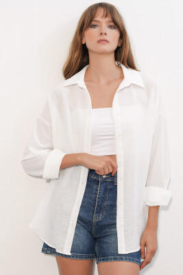 Kadın Oversize Keten Gömlek 20338 - B.Beyaz - 4