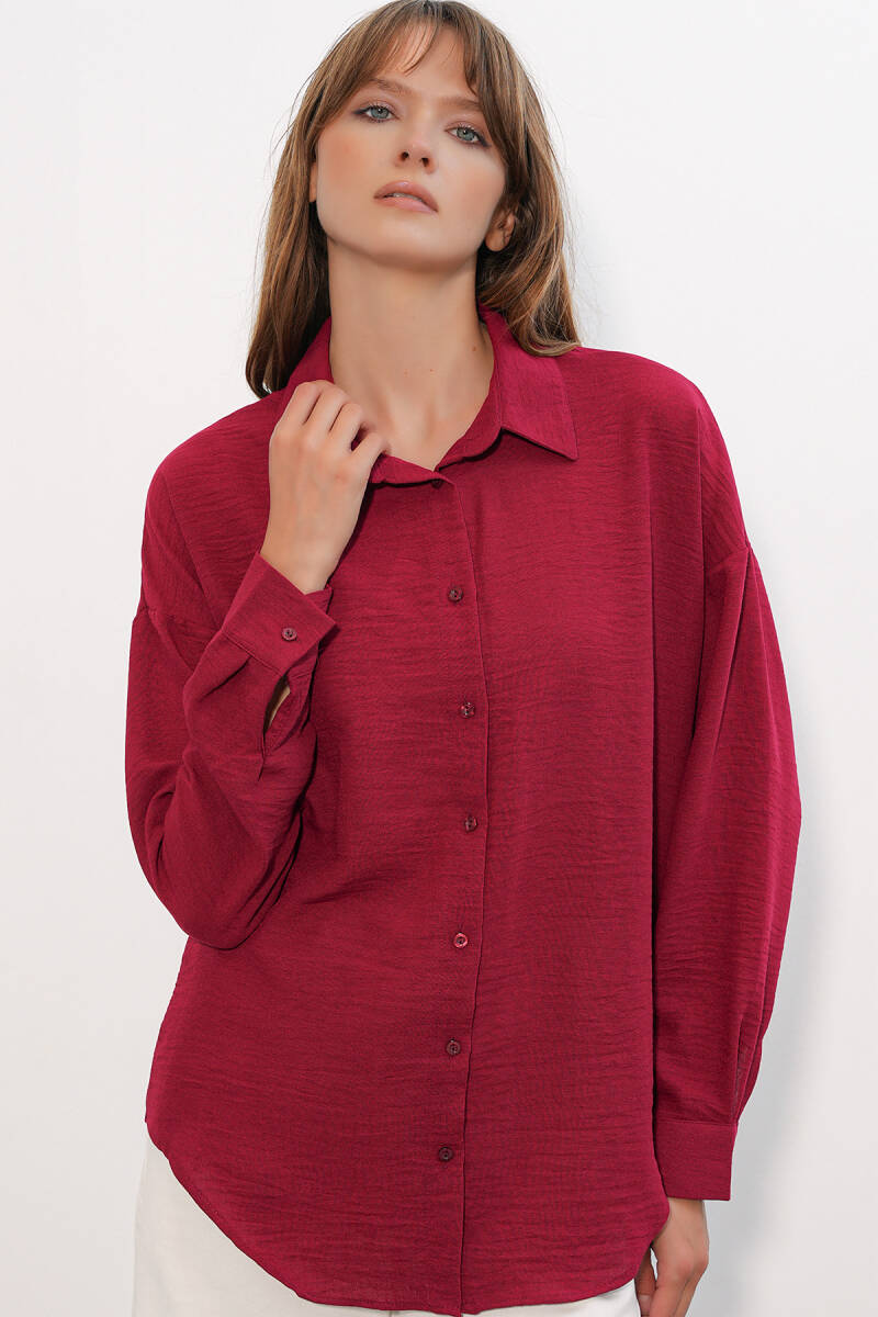 Kadın Oversize Keten Gömlek 20338 - Bordo - BİGDART