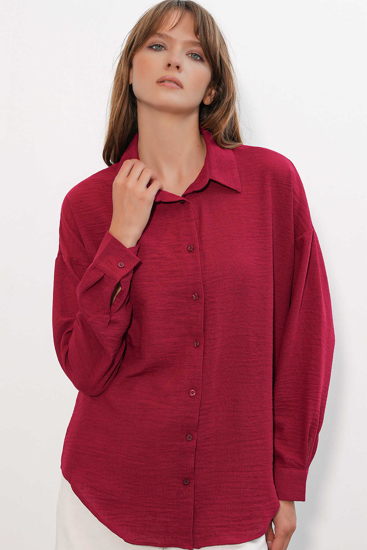 Kadın Oversize Keten Gömlek 20338 - Bordo - 1