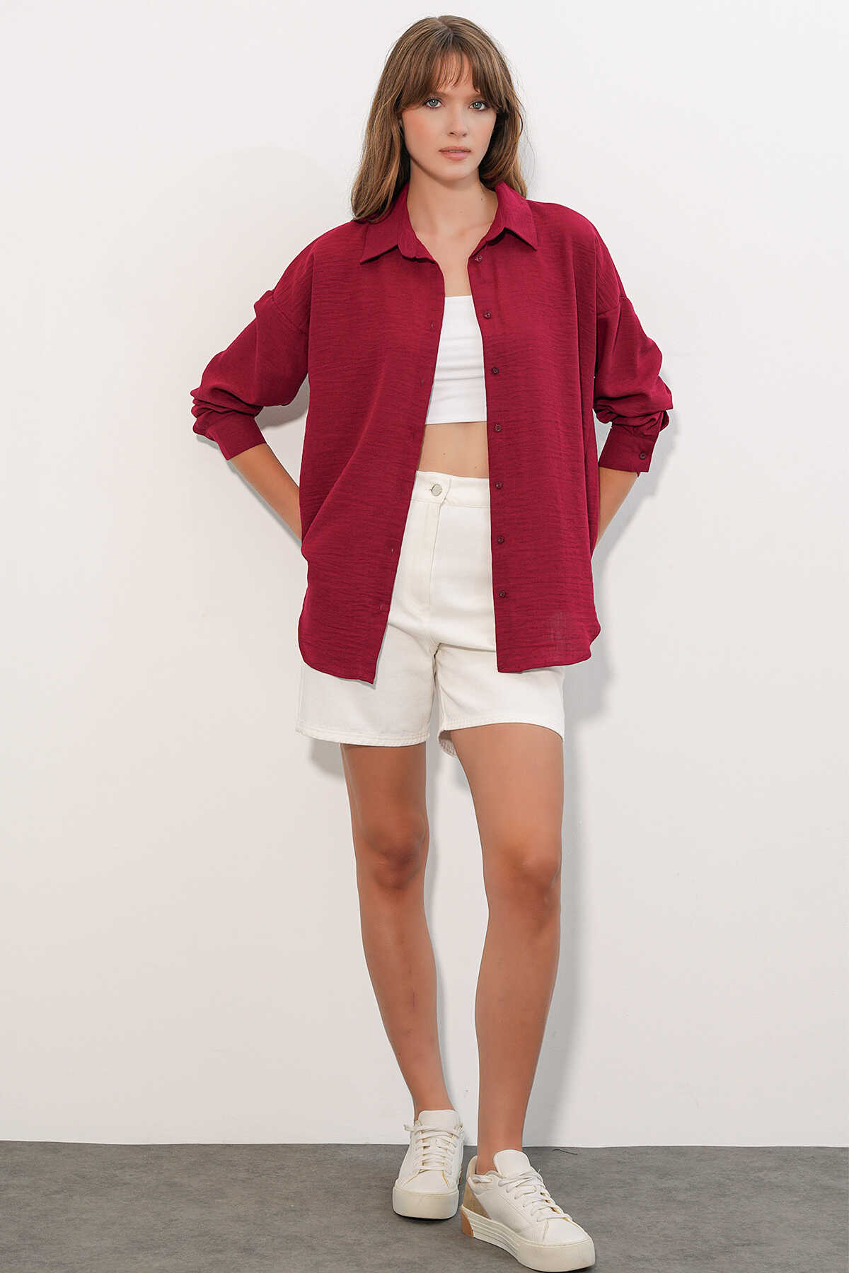 Kadın Oversize Keten Gömlek 20338 - Bordo - 2