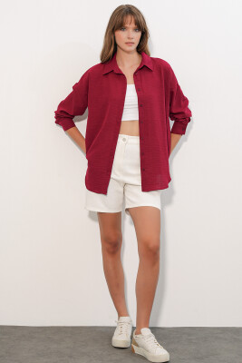 Kadın Oversize Keten Gömlek 20338 - Bordo - 2