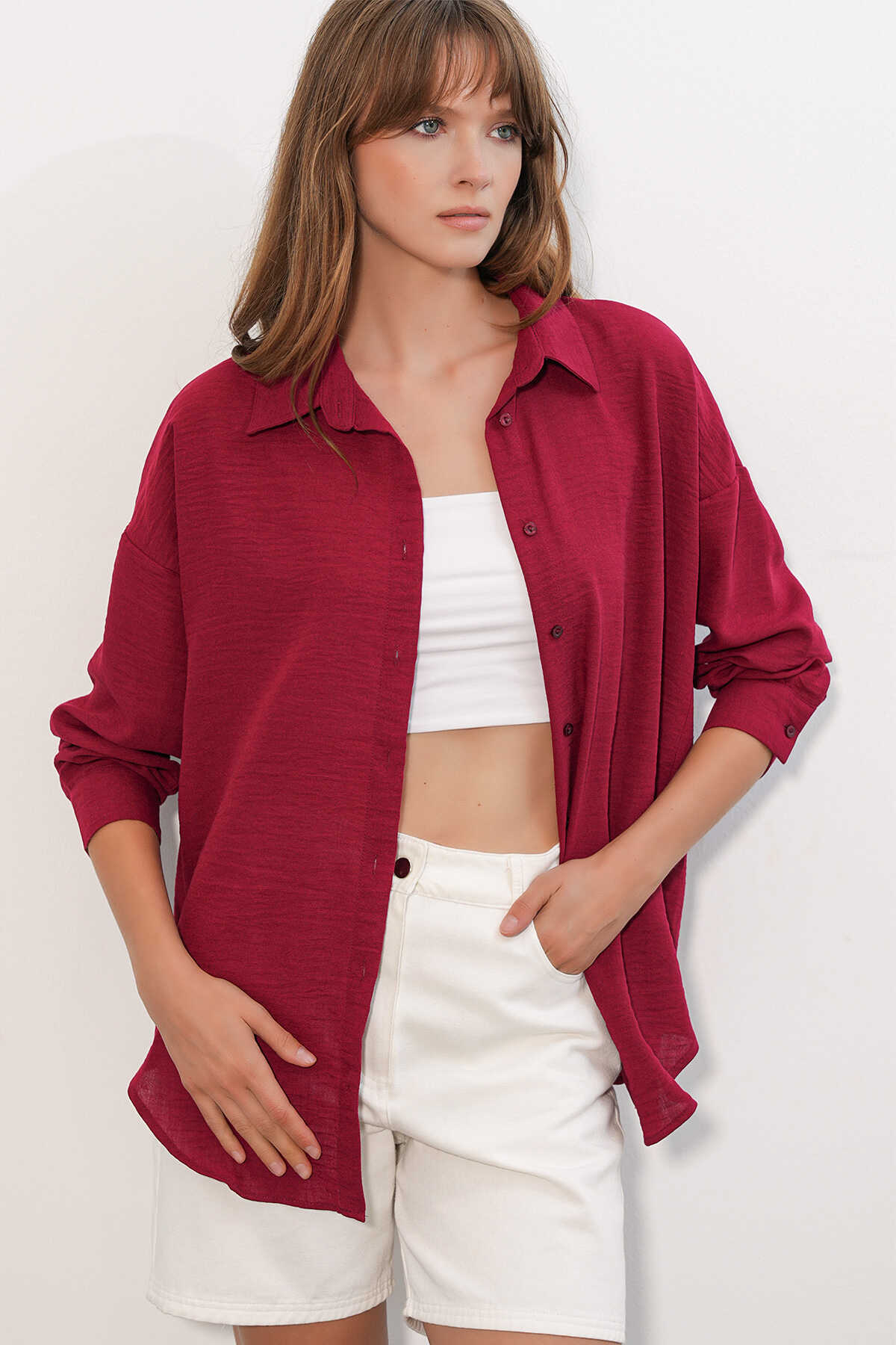 Kadın Oversize Keten Gömlek 20338 - Bordo - 3