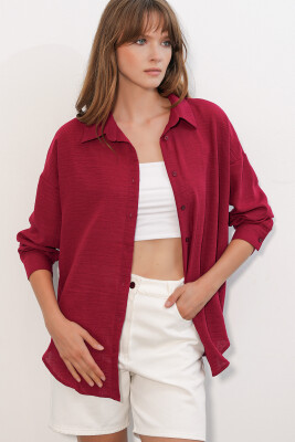 Kadın Oversize Keten Gömlek 20338 - Bordo - 3
