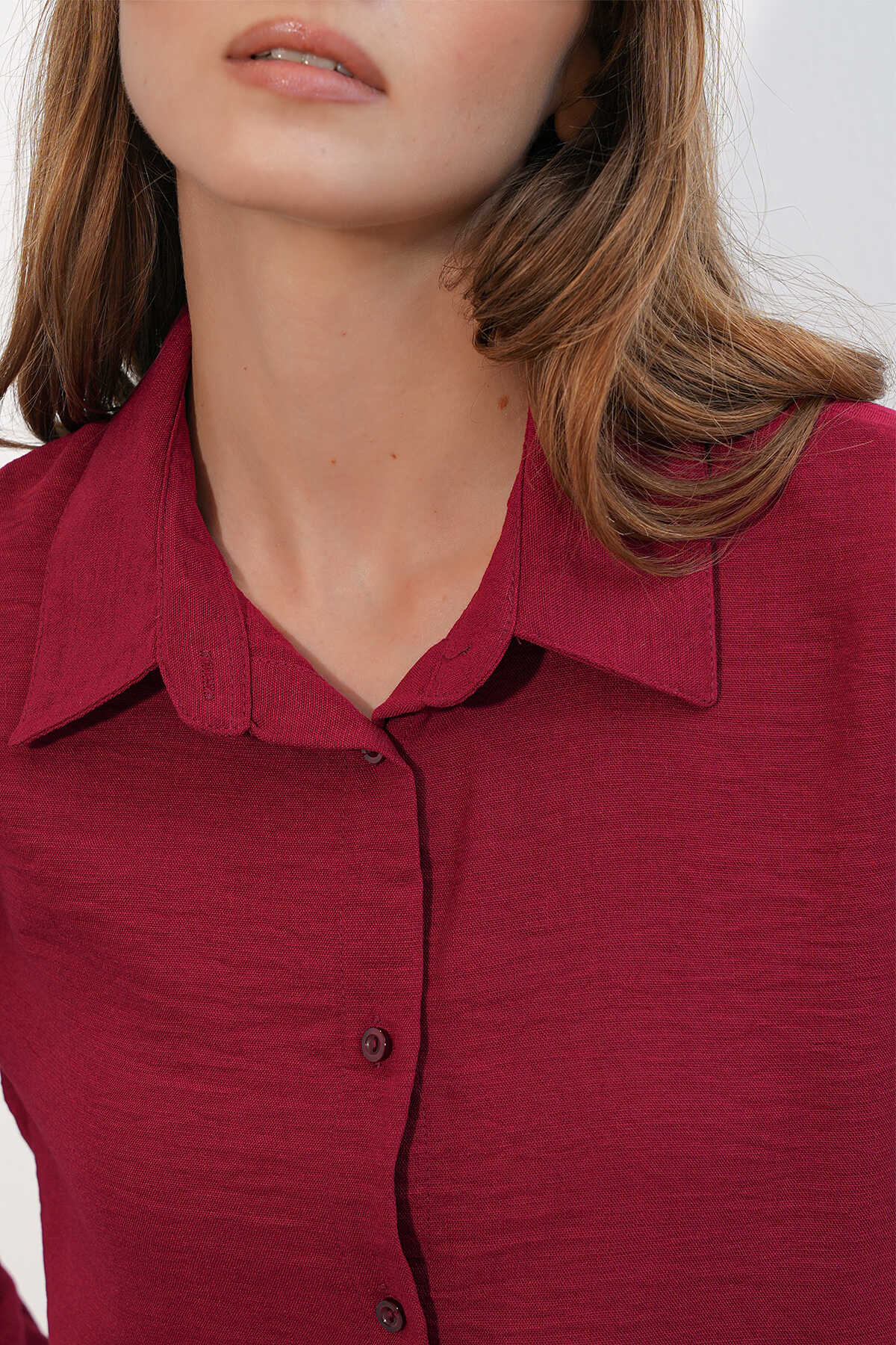 Kadın Oversize Keten Gömlek 20338 - Bordo - 4