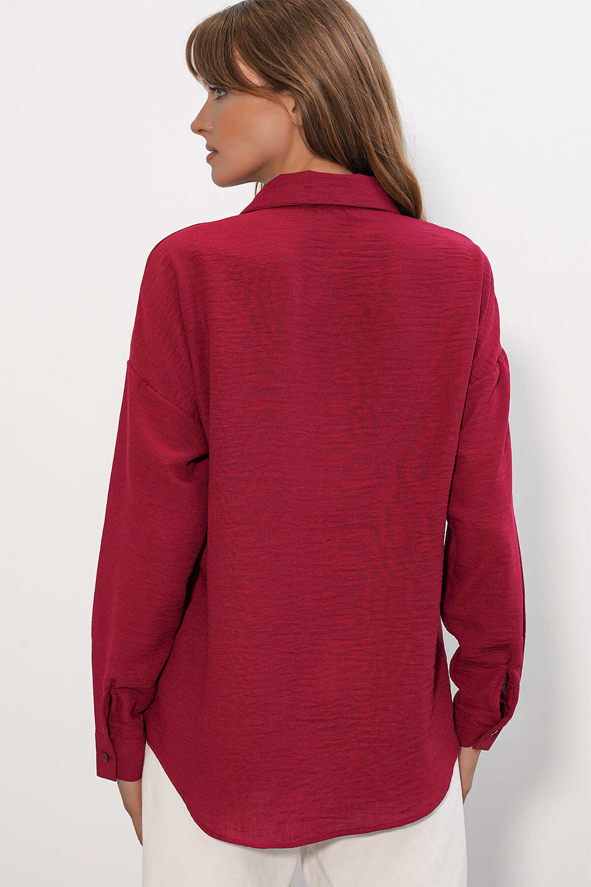 Kadın Oversize Keten Gömlek 20338 - Bordo - 5
