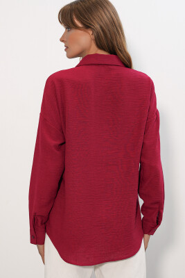 Kadın Oversize Keten Gömlek 20338 - Bordo - 5