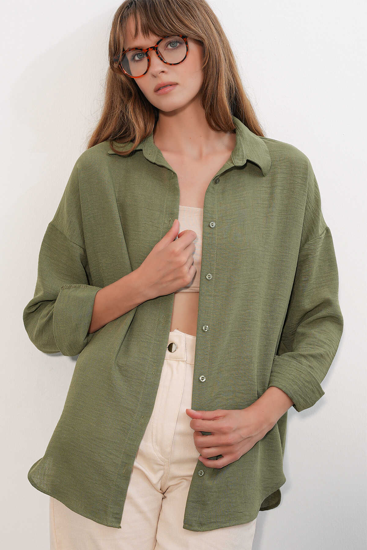 Kadın Oversize Keten Gömlek 20338 - Haki - 1