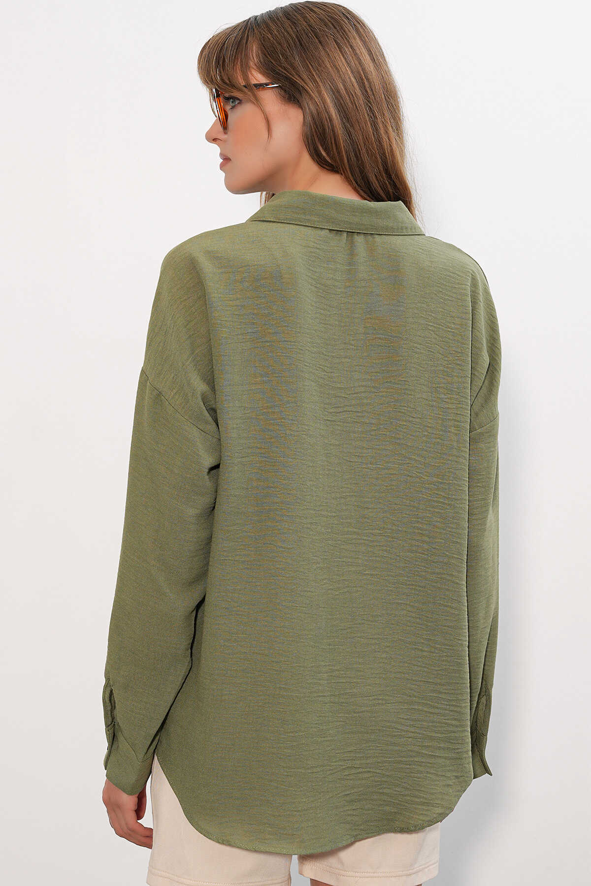 Kadın Oversize Keten Gömlek 20338 - Haki - 6