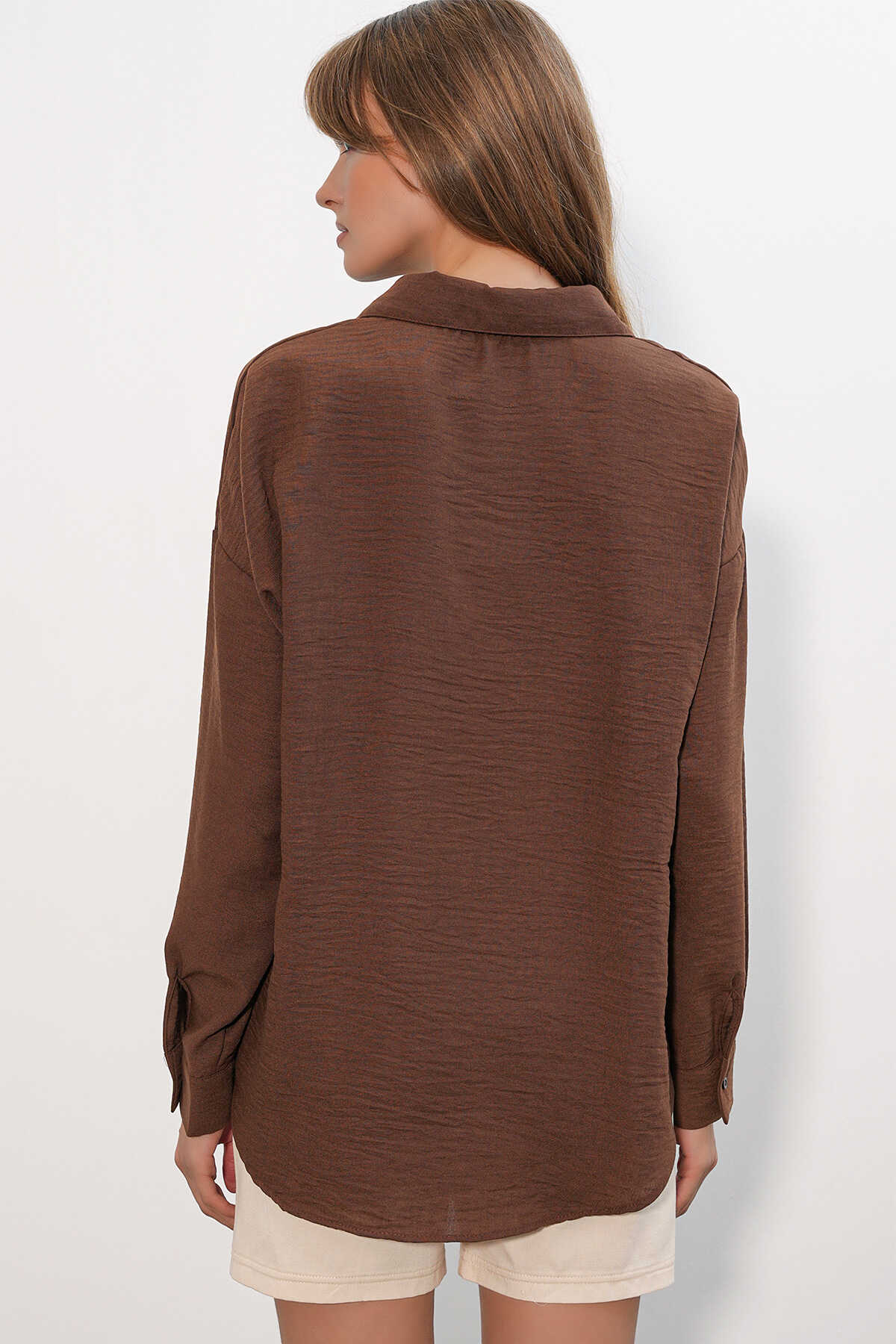 Kadın Oversize Keten Gömlek 20338 - Kahverengi - 5