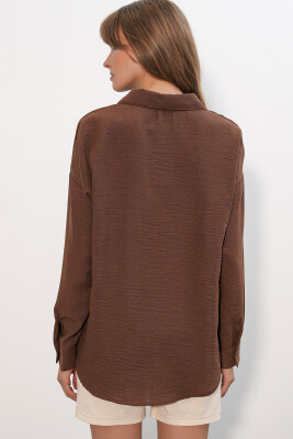 Kadın Oversize Keten Gömlek 20338 - Kahverengi - 5