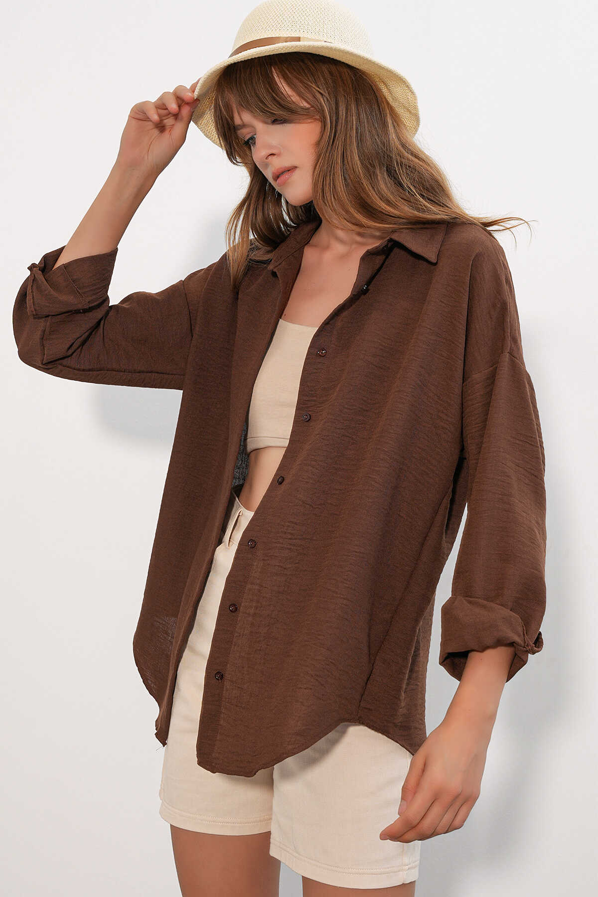 Kadın Oversize Keten Gömlek 20338 - Kahverengi - 6