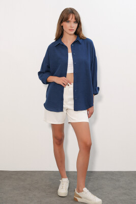 Kadın Oversize Keten Gömlek 20338 - Lacivert - 2
