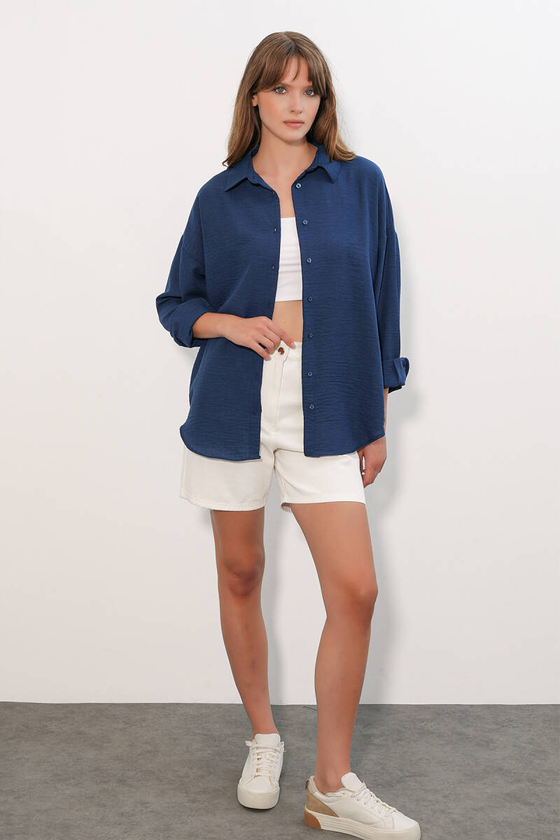 Kadın Oversize Keten Gömlek 20338 - Lacivert (1)