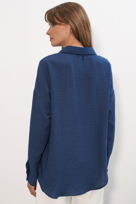 Kadın Oversize Keten Gömlek 20338 - Lacivert - 7