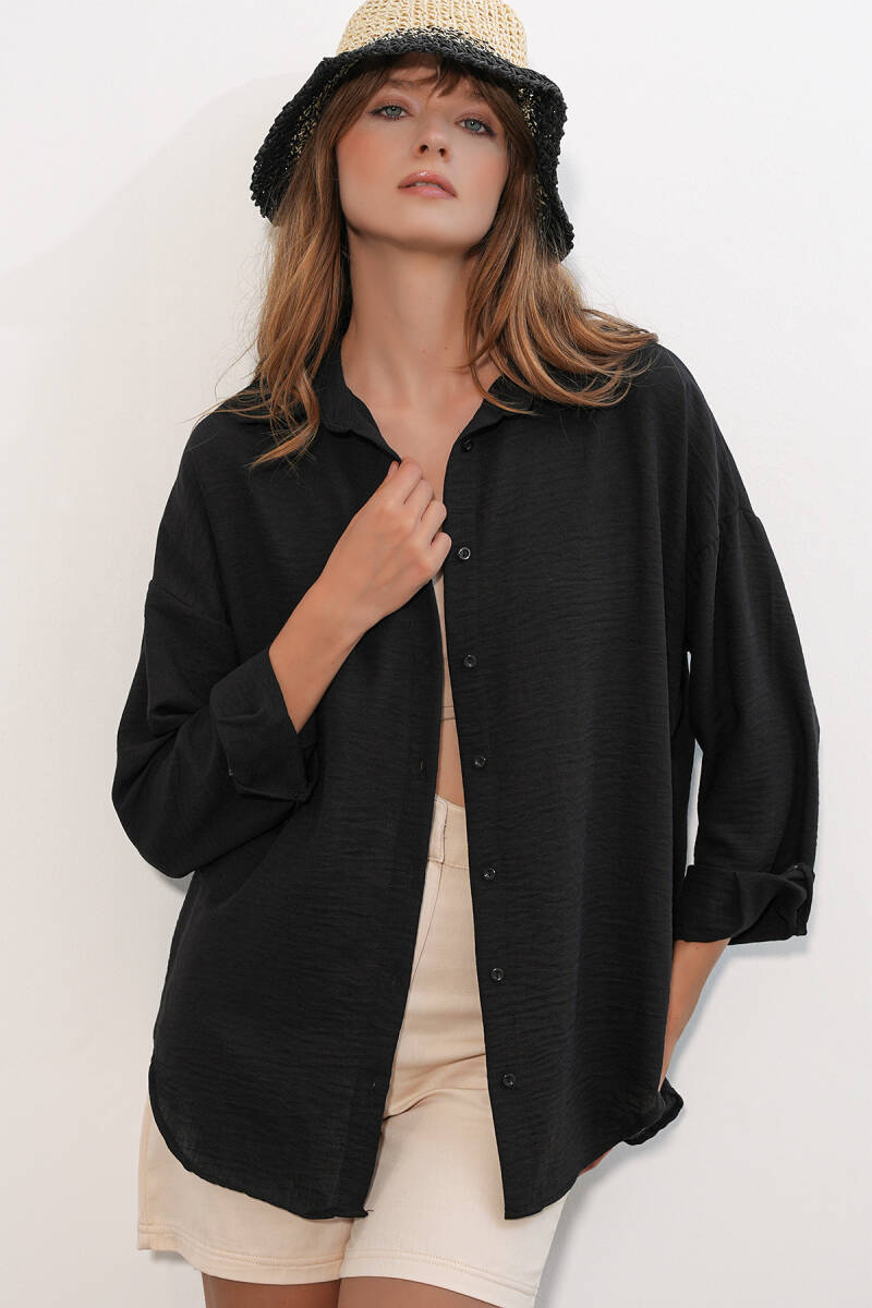 Kadın Oversize Keten Gömlek 20338 - Siyah - BİGDART