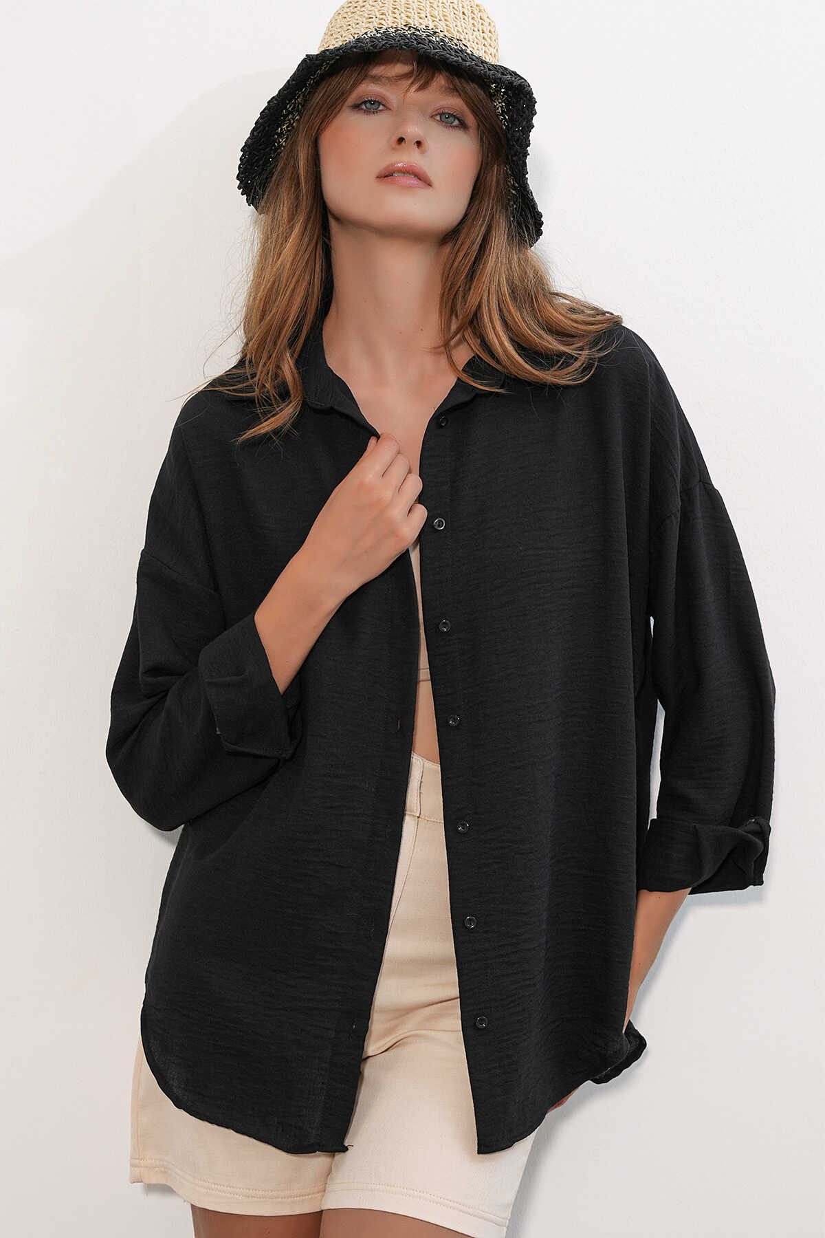Kadın Oversize Keten Gömlek 20338 - Siyah - 1
