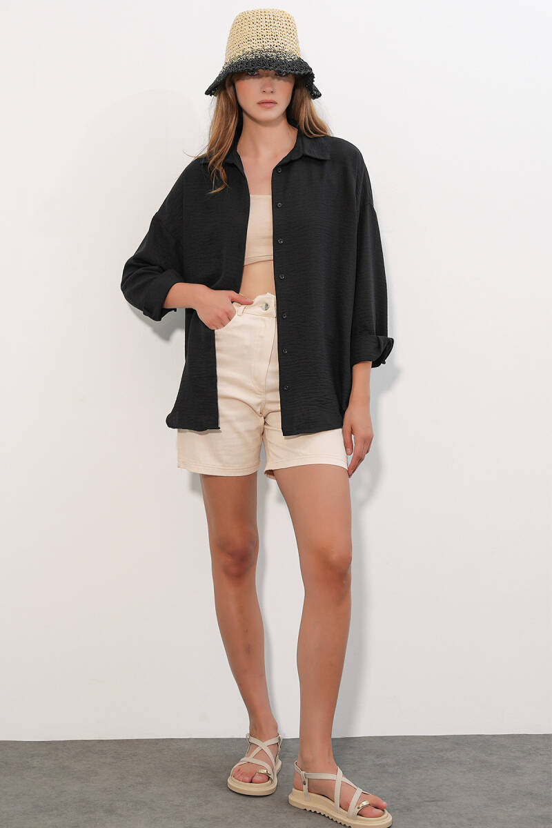 Kadın Oversize Keten Gömlek 20338 - Siyah (1)