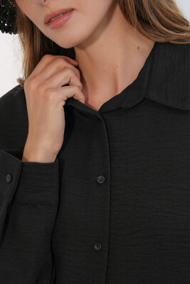 Kadın Oversize Keten Gömlek 20338 - Siyah - 4