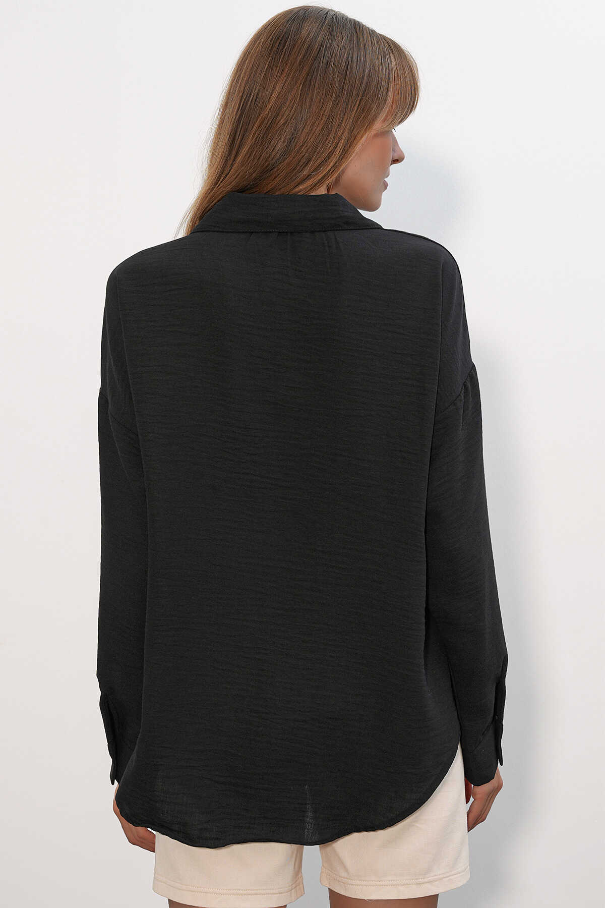 Kadın Oversize Keten Gömlek 20338 - Siyah - 5