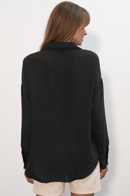 Kadın Oversize Keten Gömlek 20338 - Siyah - 5