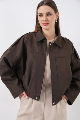 Kadın Oversize Kısa Ceket 0732 - Kahverengi - 3