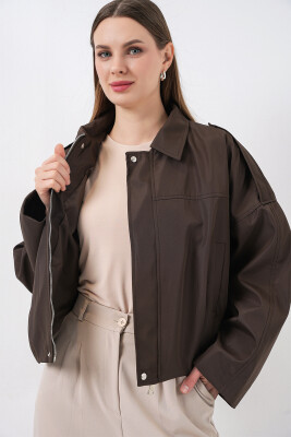 Kadın Oversize Kısa Ceket 0732 - Kahverengi - 5