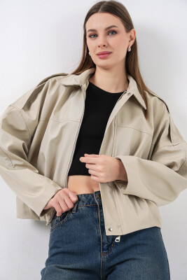 Kadın Oversize Kısa Ceket 0732 - Taş - 3