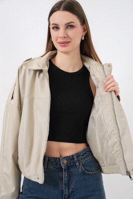 Kadın Oversize Kısa Ceket 0732 - Taş - 4