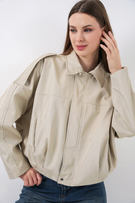 Kadın Oversize Kısa Ceket 0732 - Taş - 5