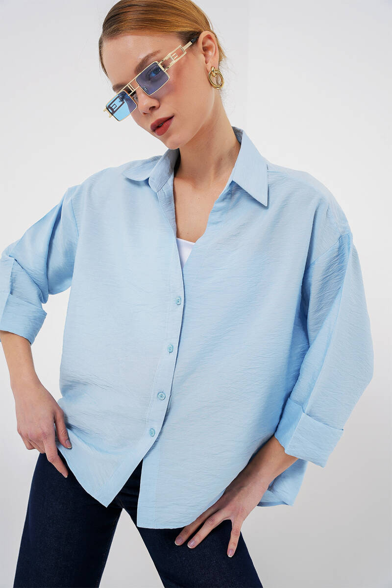 Kadın Oversize Kısa Kol Gömlek 20315 - Mavi - BİGDART