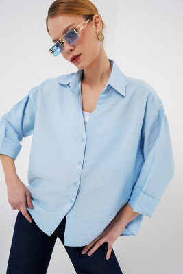 Kadın Oversize Kısa Kol Gömlek 20315 - Mavi - BİGDART