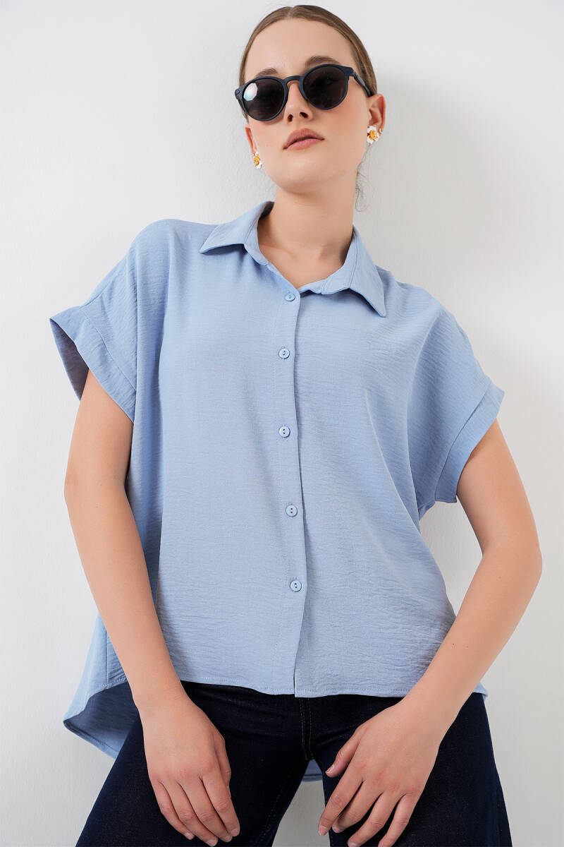 Kadın Oversize Kısa Kol Gömlek 20322 - Mavi - BİGDART