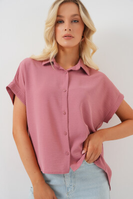 Kadın Oversize Kısa Kol Gömlek 20322 - Pembe 