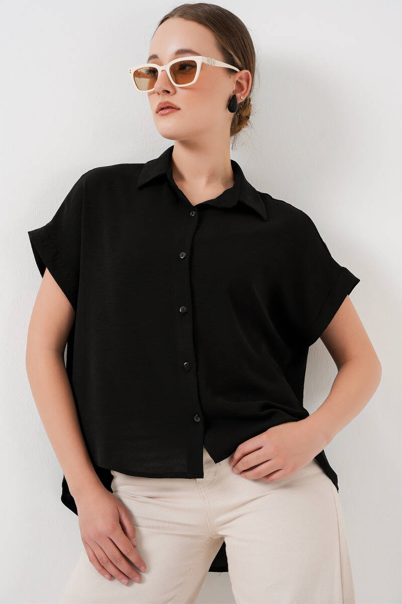 Kadın Oversize Kısa Kol Gömlek 20322 - Siyah - BİGDART