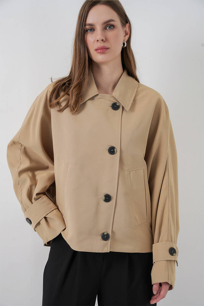 Kadın Oversize Kısa Trençkot 5977 - Bej - BİGDART