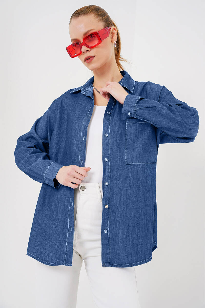 Kadın Oversize Kot Gömlek 20280 - Lacivert - BİGDART