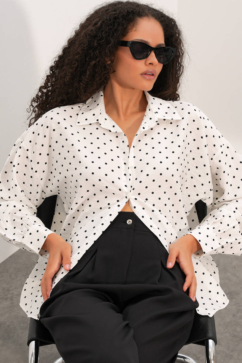 Kadın Oversize Puantiyeli Gömlek 20392 - Beyaz - BİGDART