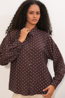 Kadın Oversize Puantiyeli Gömlek 20392 - Kahverengi - 4