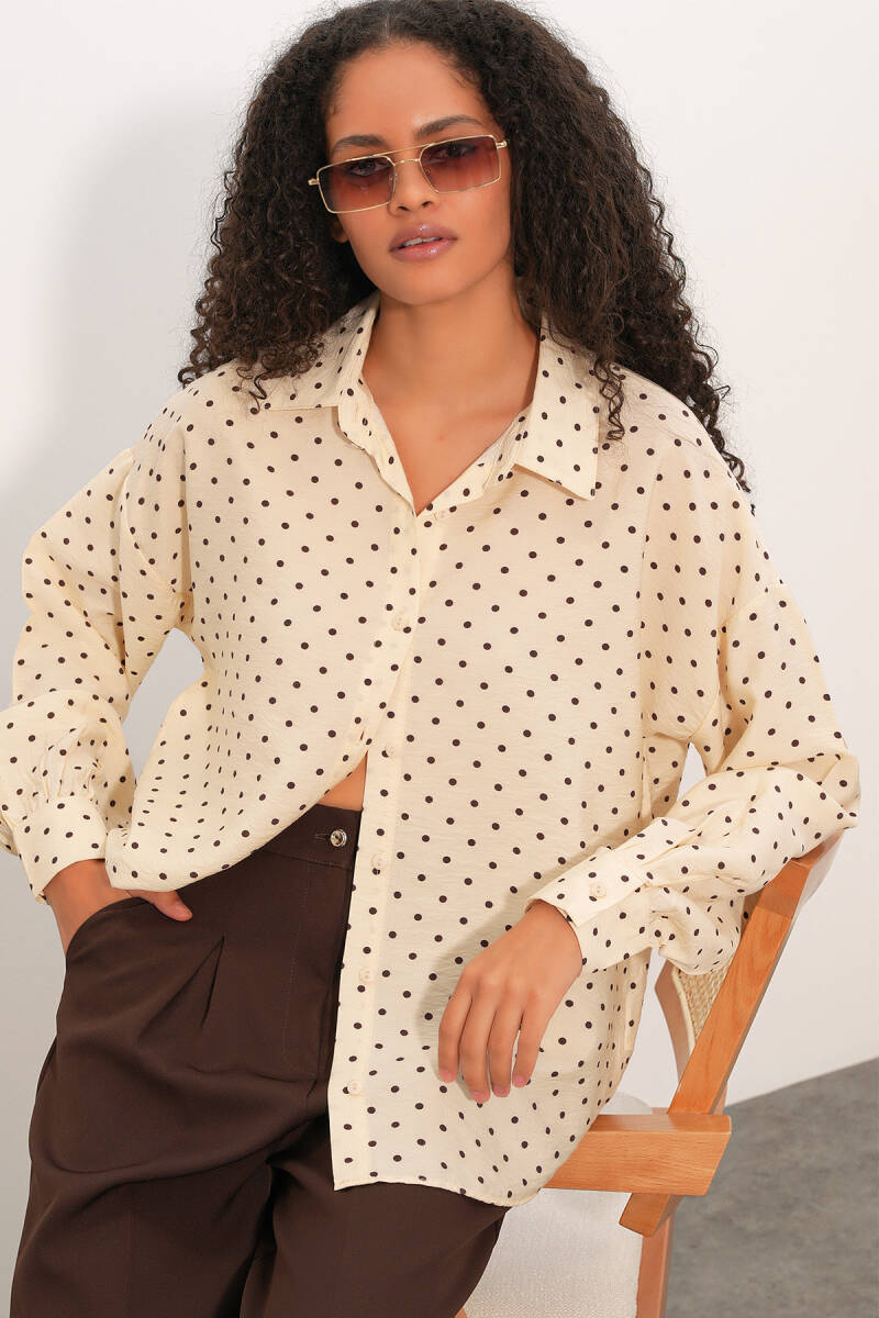 Kadın Oversize Puantiyeli Gömlek 20392 - Krem - BİGDART